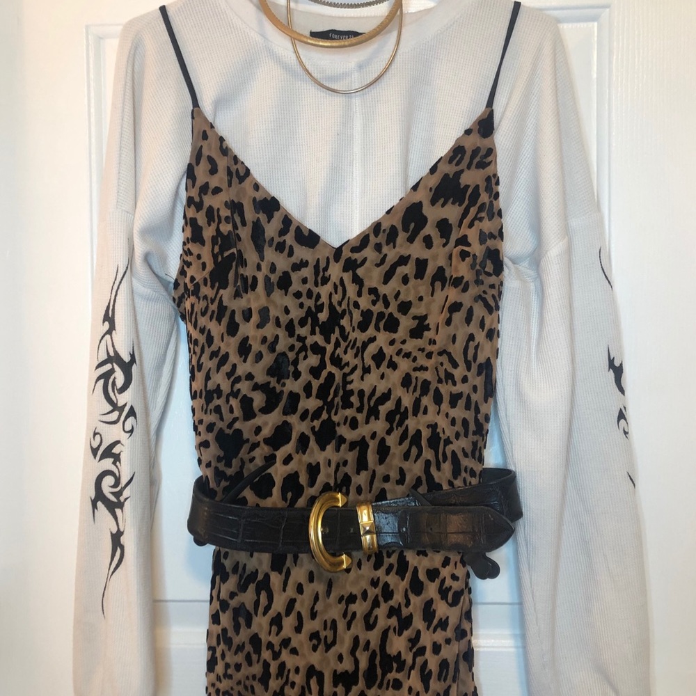 Velvet leopard chiffon midi spaghetti strap dress